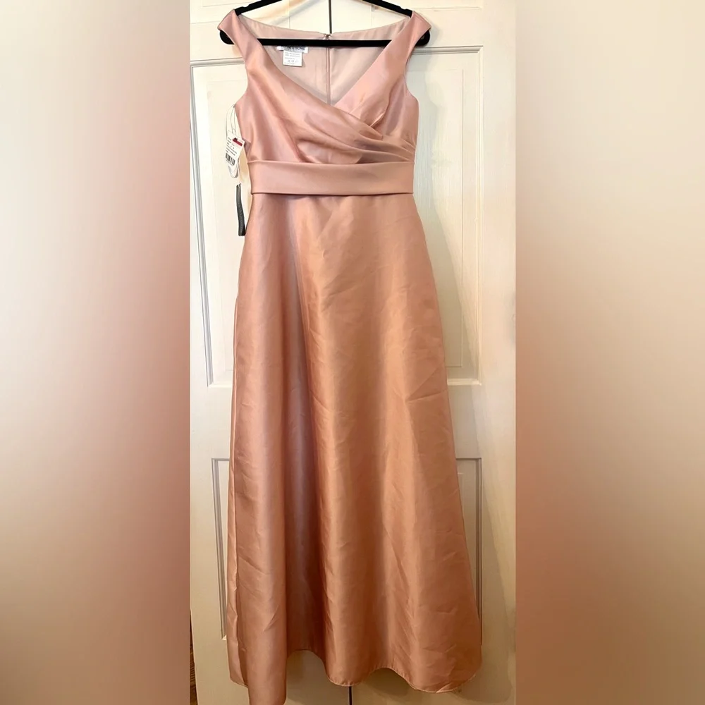 ALFRED SUNG Off-the-Shoulder Draped Wrap Satin Maxi Dress Toasted Sugar 8 AS IS - Picture 2 of 11